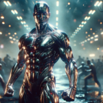 Image of a futuristic metallic figure standing confidently in a misty, neon-lit corridor scene.