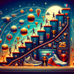 Image of an artistic staircase depicting basketball elements, trophies, shoes, and vibrant icons.