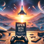 Image of a futuristic gaming setup with a spaceship, planets, and cityscape at sunrise.