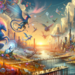 Image of a vibrant fantasy world with colorful creatures, floating islands, and a futuristic cityscape.