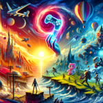 Image of a vibrant sci-fi landscape split between day and night, with futuristic cities and spaceships.