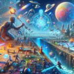 Image of a vibrant cosmic scene with futuristic figures, planets, and swirling galaxies.