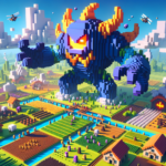 Image of a pixel art monster towering over a colorful, blocky village landscape with farms.