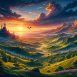 Image of a castle on green hills at sunset, with a dragon flying above, surrounded by mountains.