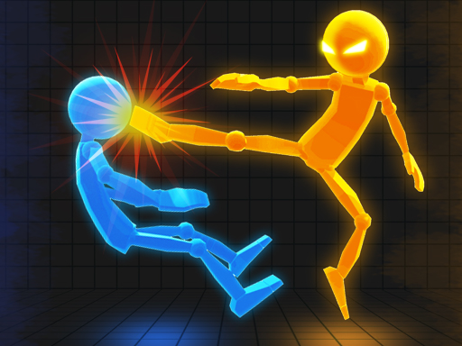 Image of two glowing stick figures battling in a 3D arena, with the orange figure delivering a powerful kick to the blue figure, emitting a bright impact effect.