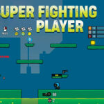 Image of the Super Fighting Player game thumbnail featuring a 2D multiplayer battle arena. The scene shows a blue-themed platform-based map with players engaging in combat using guns, grenades, and melee attacks. The game's title, "Super Fighting Player," is prominently displayed in bold yellow text at the top. On-screen HUD elements include player scores, weapon icons, and an elimination message. The game environment consists of floating platforms and interactive elements, creating an action-packed atmosphere. 🎮