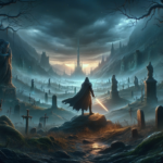 Image of a cloaked figure with a glowing sword in a misty graveyard, facing a distant castle.