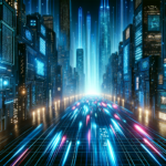 Image of a futuristic cityscape with glowing buildings and vibrant light trails on a digital grid.