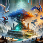 Image of a vibrant mystical tree surrounded by dragons and humans in a foggy, fantasy landscape.