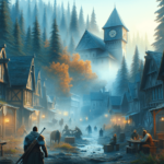 Image of a medieval village street bustling with townsfolk, surrounded by timber houses and lush trees.