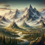 Image of a fantasy landscape with majestic mountains, a winding river, and a distant castle at sunrise.