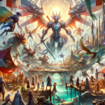Image of a vibrant fantasy scene featuring winged creatures and warriors in a bustling cityscape.