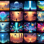 Image of a vibrant collage featuring diverse futuristic landscapes and colorful cityscapes.