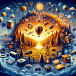 Image of a vibrant scene merging technology and nature, featuring hot air balloons and digital icons.