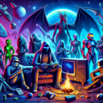 Image of futuristic characters lounging by a campfire, with planets and creatures in the background.