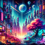 Image of a vibrant neon cityscape with futuristic skyscrapers, a glowing tree, and planets above.