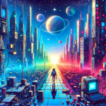Image of a futuristic cityscape with glowing skyscrapers and planets above a lone figure on a path.
