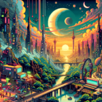 Image of a vibrant futuristic cityscape with towering buildings and a crescent moon in the sky.