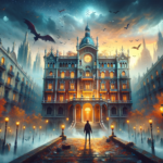 Image of a grand, illuminated building amidst misty streets, with bats flying under a glowing sky.
