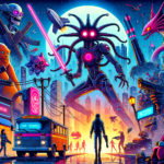 Image of a neon-lit city with a giant robotic creature and futuristic characters on the bustling streets.
