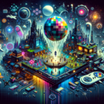 Image of a vibrant digital cityscape with futuristic elements, a pixel balloon, and a game controller.