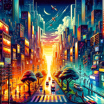 Image of a vibrant, futuristic cityscape with colorful buildings, lit streets, and flying aircraft.