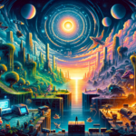 Image of a vibrant, surreal landscape with colorful skies, alien vegetation, and floating planets.