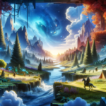 Image of a vibrant fantasy landscape with mountains, river, lush trees, and a swirling cosmic sky.