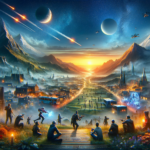 Image of a vibrant fantasy world with mountains, planets, and diverse figures gathering at sunrise.
