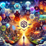 Image of a vibrant, futuristic collage featuring diverse themes, vehicles, and a central glowing symbol.