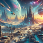 Image of a futuristic cityscape under a vibrant sky with planets, spaceships, and glowing lights.