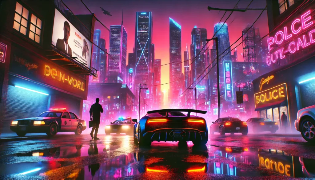 a cinematic hyper realistic depiction of a vibrant neon lit city skyline at sunset game online