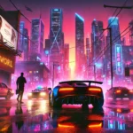 A cinematic, hyper-realistic depiction of a neon-lit city skyline at sunset, bathed in warm pinks, purples, and blues. A sleek, futuristic sports car speeds through wet, reflective streets, creating a sense of action and adventure. In the background, towering skyscrapers with glowing neon lights define the cityscape. A silhouetted duo stands near a getaway vehicle, hinting at an exciting narrative. A digital billboard displays a generic news update, while a police chase and a helicopter in the distance add elements of tension and thrill.