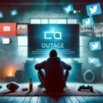 Frustrated gamer in a dimly lit room sitting in front of a large TV displaying a generic error message, symbolizing a gaming network outage.