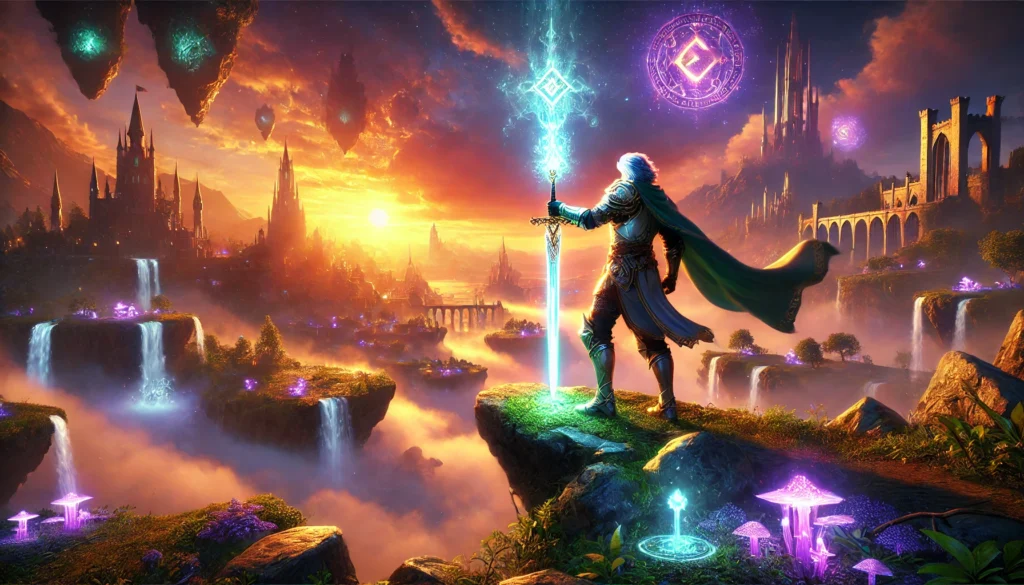 A breathtaking fantasy scene featuring a heroic figure in medieval armor wielding an enchanted glowing sword. The background reveals floating islands, magical flora, and distant ruins bathed in a dramatic sunset glow. Dive into the world of Avowed and explore more breaking news on magbei.com!