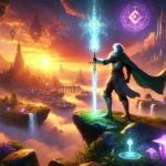 Fantasy RPG hero in medieval armor holding a glowing enchanted sword, standing on a rocky outcrop with a magical landscape in the background during sunset.