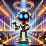 Astro Bot standing proudly on a grand stage holding a glowing trophy, with dramatic lighting, futuristic effects, and a glamorous awards ceremony setting.