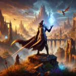 A stunning fantasy scene featuring an armored warrior holding a glowing orb of magical energy, standing on a cliff overlooking a sprawling medieval-fantasy landscape with majestic castles, flowing waterfalls, and towering ruins.