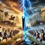 A dramatic battlefield scene showcasing Greek, Egyptian, and Norse gods from Age of Mythology: Retold clashing with knights, samurai, and medieval soldiers from Age of Empires II: Definitive Edition. The split-screen composition highlights a glowing PS5 console on one side and an Xbox & PC setup on the other, emphasizing cross-play support. A stormy sky with lightning bolts, castle fortifications, and siege weapons add to the epic scale of the battle.