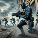 A group of futuristic soldiers engaged in an intense battle in a war-torn city, equipped with high-tech gear and neon-lit armor, representing EA’s new ‘Battlefield Labs’ initiative.