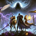 Three fantasy warriors—Wylder, Guardian, and Recluse—stand united in a dark, mystical landscape of Limveld, facing a shadowy Nightlord with dramatic lighting.