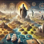 A cinematic, AI-generated image of Civilization VII, showcasing three historical eras—Antiquity, Exploration, and Modern. A powerful leader stands over a world map, surrounded by wonders like the Pyramids and Eiffel Tower. The background illustrates civilizations evolving with marching armies, medieval castles, and futuristic skylines. The scene is bathed in warm golden hues and dramatic sunset lighting, evoking a grand strategy theme.