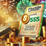 Celebratory scene of Florida Fantasy 5 winning ticket surrounded by cash and coins, with confetti and glowing highlights in the background.