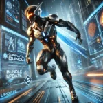 A futuristic, action-packed scene from a superhero battle game update. A central armored character with neon accents stands dynamically in a cyberpunk cityscape.
