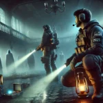 Image of futuristic ghost hunters in tactical gear labeled “2025,” exploring a misty, abandoned mansion with eerie hooded figures looming in the background.