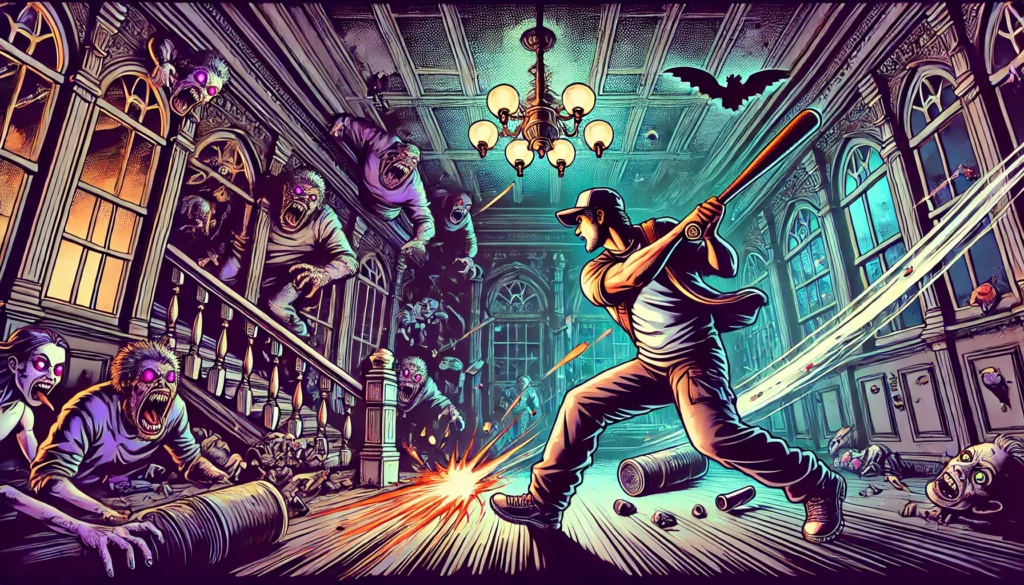 A comic-book-style illustration of a rugged janitor swinging a baseball bat against grotesque monsters in a dark, eerie mansion. The background features flickering lights, broken furniture, and ominous shadows, with creatures emerging from hallways. Bold action lines and neon highlights enhance the arcade-style intensity.