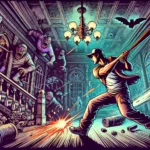 A comic-book-style illustration of a rugged janitor swinging a baseball bat against grotesque monsters in a dark, eerie mansion. The background features flickering lights, broken furniture, and ominous shadows, with creatures emerging from hallways. Bold action lines and neon highlights enhance the arcade-style intensity.