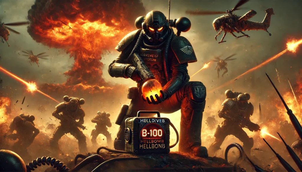 A cinematic sci-fi battlefield featuring Helldivers 2 soldiers clad in advanced armor, deploying the B-100 Portable Hellbomb amid chaotic explosions and enemy swarms.