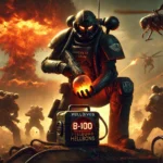 A cinematic sci-fi battlefield featuring Helldivers 2 soldiers clad in advanced armor, deploying the B-100 Portable Hellbomb amid chaotic explosions and enemy swarms.