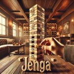 Image of a Jenga Tower Blocks game in a warm, wooden-themed lounge. A hand carefully removes a block from the towering stack, with "Jenga" displayed in bold text at the bottom. The cozy room features soft lighting, rustic furniture, and a relaxed atmosphere.